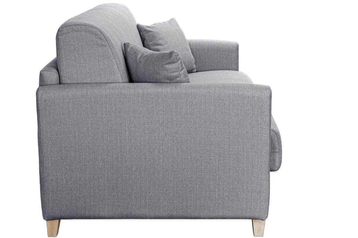 Canapé convertible 3 places en tissu gris clair et bois clair avec matelas 18 cm SKANDY