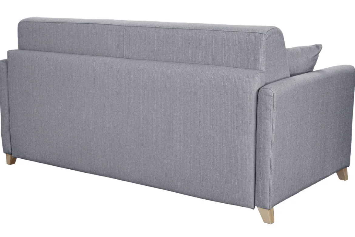 Canapé convertible 3 places en tissu gris clair et bois clair avec matelas 18 cm SKANDY