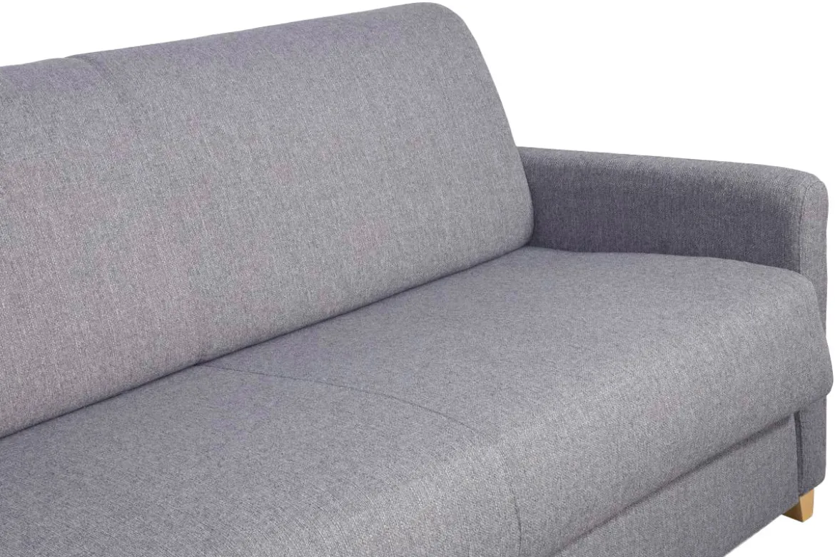 Canapé convertible 3 places en tissu gris clair et bois clair avec matelas 18 cm SKANDY