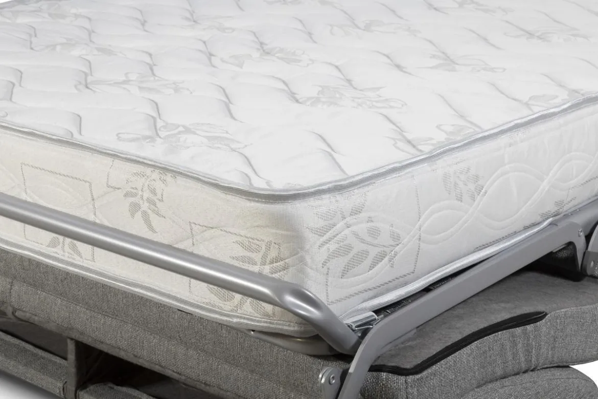 Canapé convertible 3 places en tissu gris clair et bois clair avec matelas 18 cm SKANDY