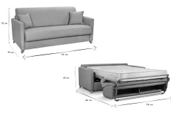Canapé convertible 3 places en tissu gris clair et bois clair avec matelas 18 cm SKANDY