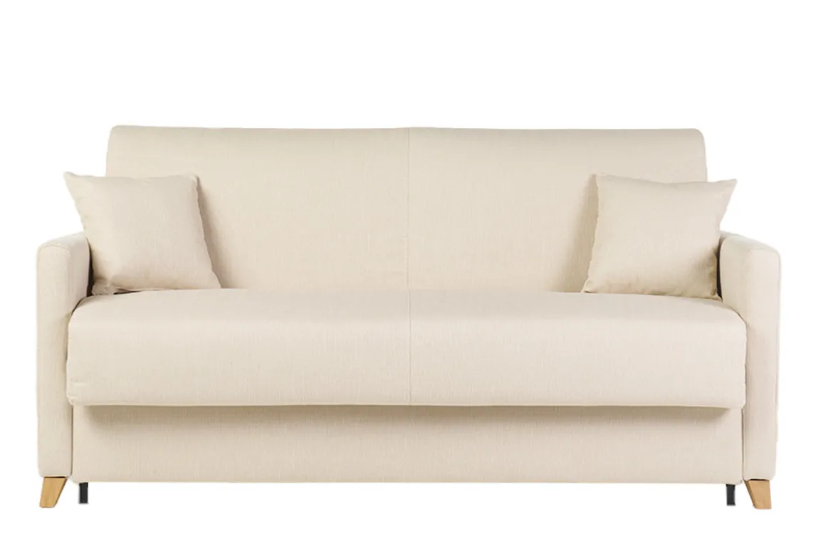 Canapé convertible 3 places en tissu beige et bois clair avec matelas 18 cm SKANDY