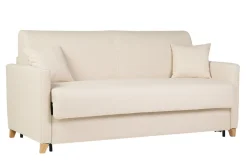 Canapé convertible 3 places en tissu beige et bois clair avec matelas 18 cm SKANDY