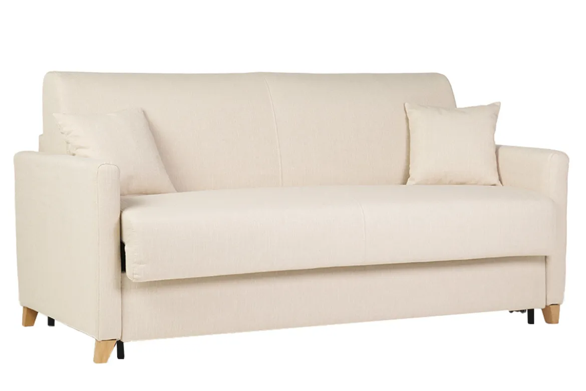 Canapé convertible 3 places en tissu beige et bois clair avec matelas 18 cm SKANDY
