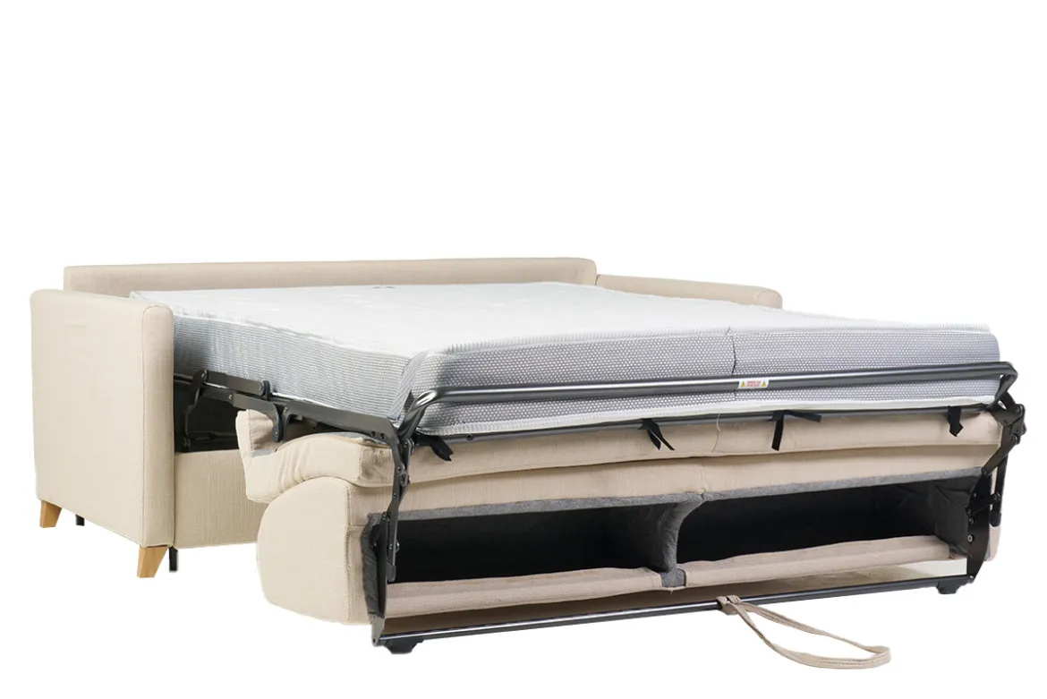 Canapé convertible 3 places en tissu beige et bois clair avec matelas 18 cm SKANDY