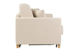 Canapé convertible 3 places en tissu beige et bois clair avec matelas 18 cm SKANDY