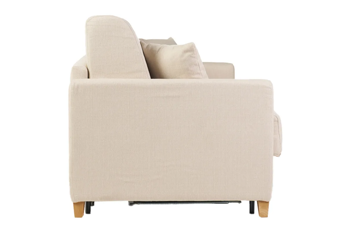 Canapé convertible 3 places en tissu beige et bois clair avec matelas 18 cm SKANDY