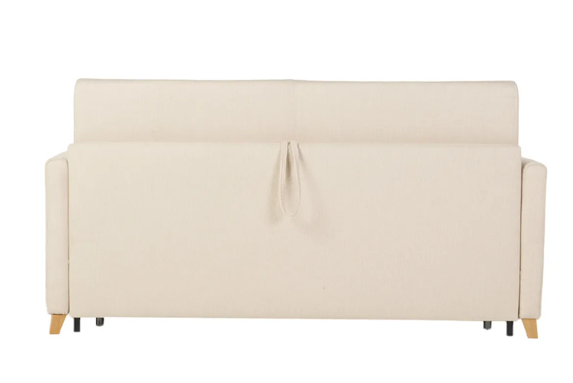 Canapé convertible 3 places en tissu beige et bois clair avec matelas 18 cm SKANDY