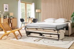 Canapé convertible 3 places en tissu beige et bois clair avec matelas 18 cm SKANDY