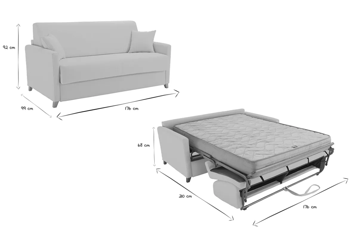 Canapé convertible 3 places en tissu beige et bois clair avec matelas 18 cm SKANDY