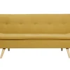 Canapé convertible 3 places en tissu effet velours jaune moutarde et bois clair SENSO