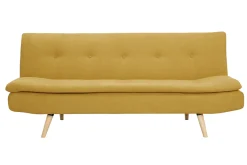Canapé convertible 3 places en tissu effet velours jaune moutarde et bois clair SENSO