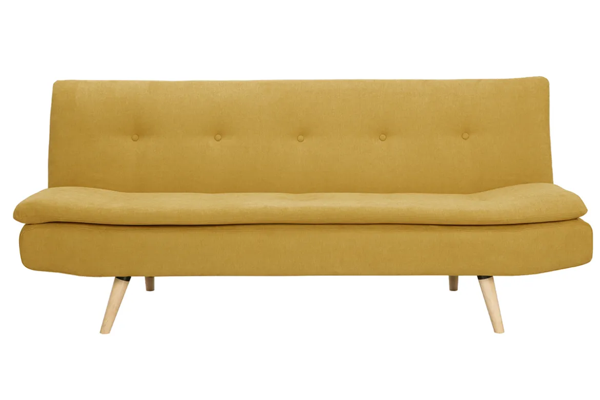 Canapé convertible 3 places en tissu effet velours jaune moutarde et bois clair SENSO