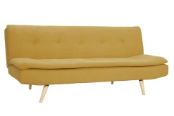 Canapé convertible 3 places en tissu effet velours jaune moutarde et bois clair SENSO