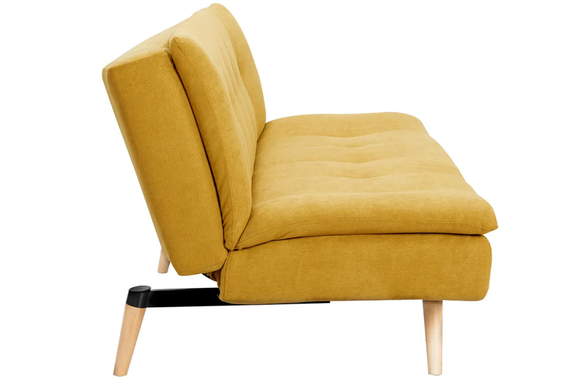 Canapé convertible 3 places en tissu effet velours jaune moutarde et bois clair SENSO