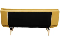 Canapé convertible 3 places en tissu effet velours jaune moutarde et bois clair SENSO