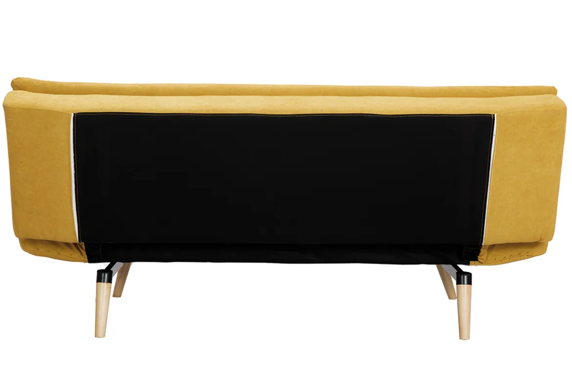 Canapé convertible 3 places en tissu effet velours jaune moutarde et bois clair SENSO