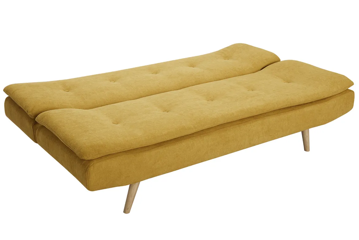 Canapé convertible 3 places en tissu effet velours jaune moutarde et bois clair SENSO