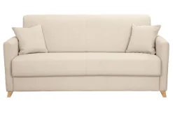 Canapé convertible 3 places en tissu beige et bois clair avec matelas 13 cm SKANDY