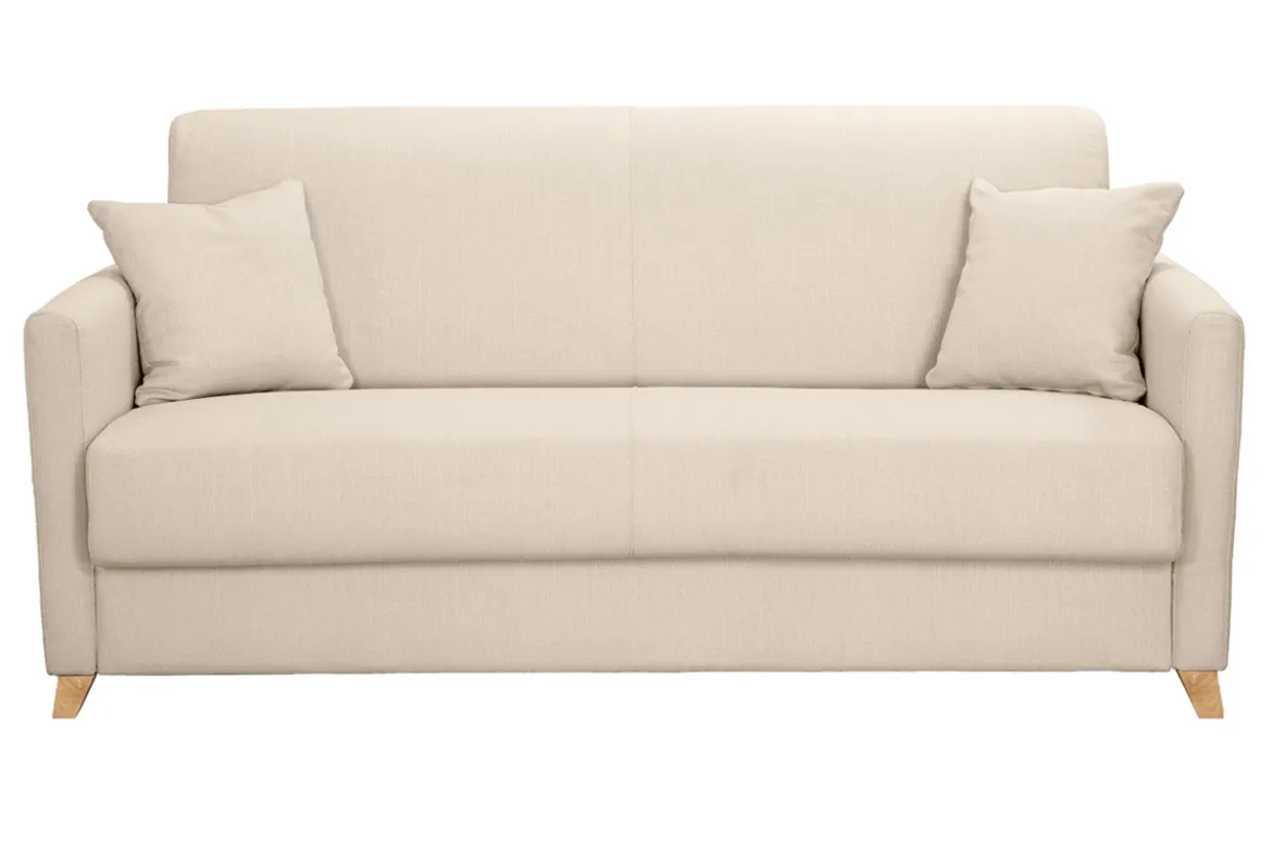 Canapé convertible 3 places en tissu beige et bois clair avec matelas 13 cm SKANDY