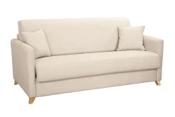 Canapé convertible 3 places en tissu beige et bois clair avec matelas 13 cm SKANDY