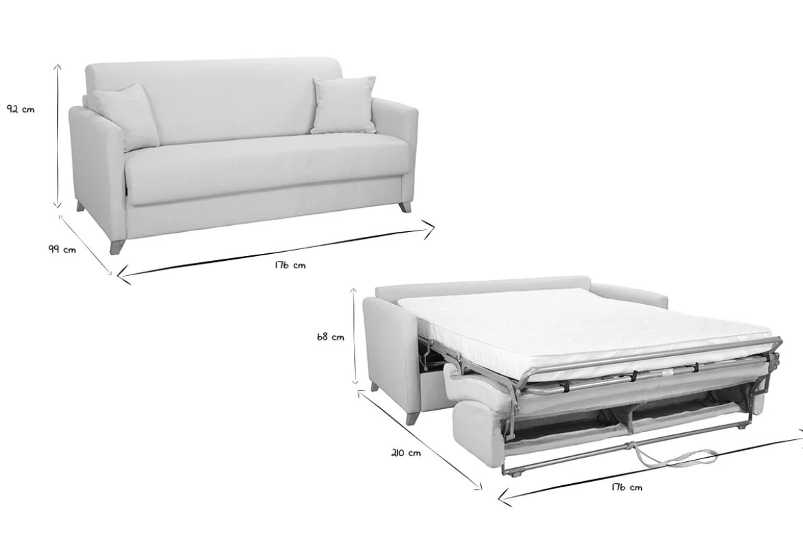 Canapé convertible 3 places en tissu beige et bois clair avec matelas 13 cm SKANDY