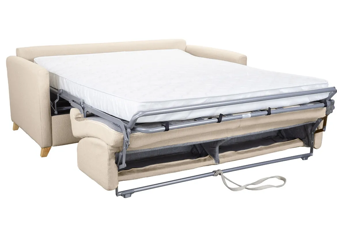 Canapé convertible 3 places en tissu beige et bois clair avec matelas 13 cm SKANDY