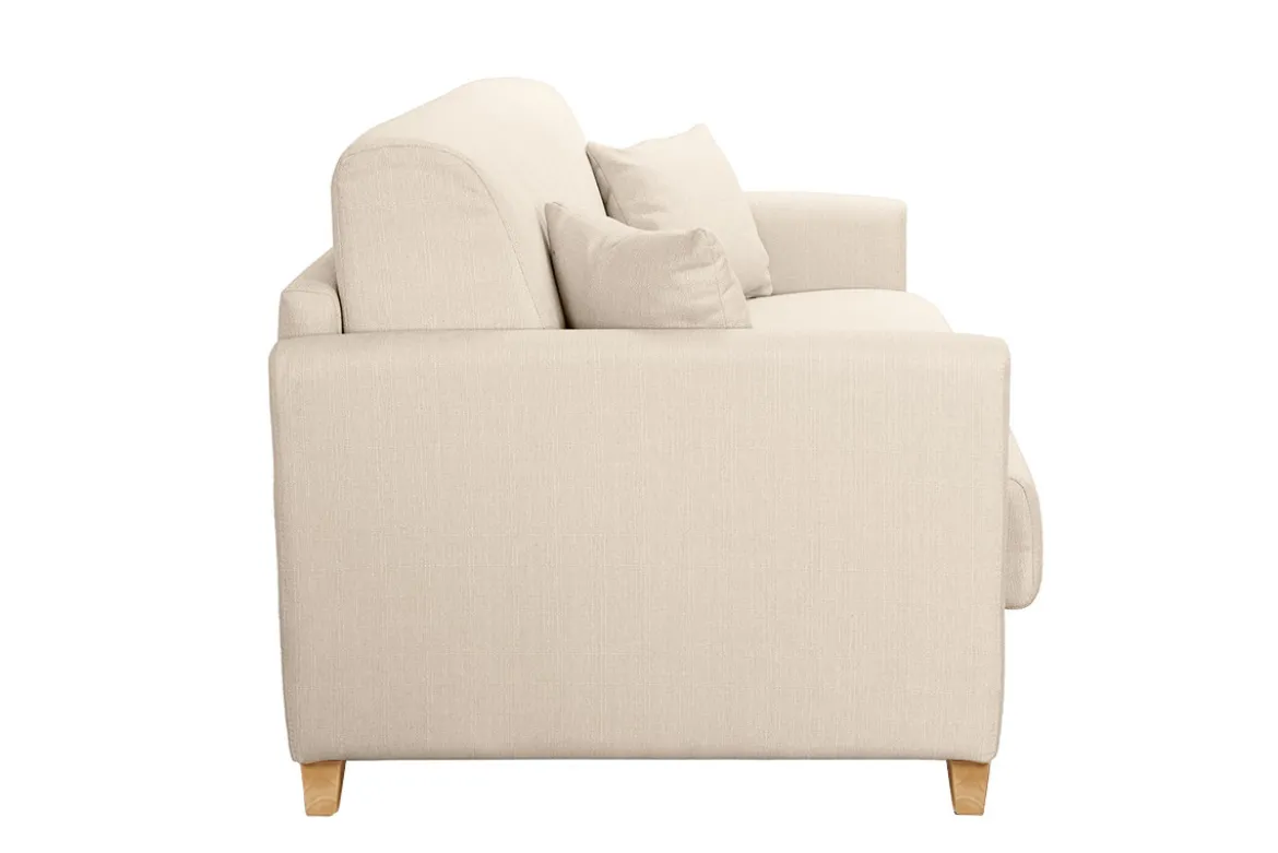 Canapé convertible 3 places en tissu beige et bois clair avec matelas 13 cm SKANDY