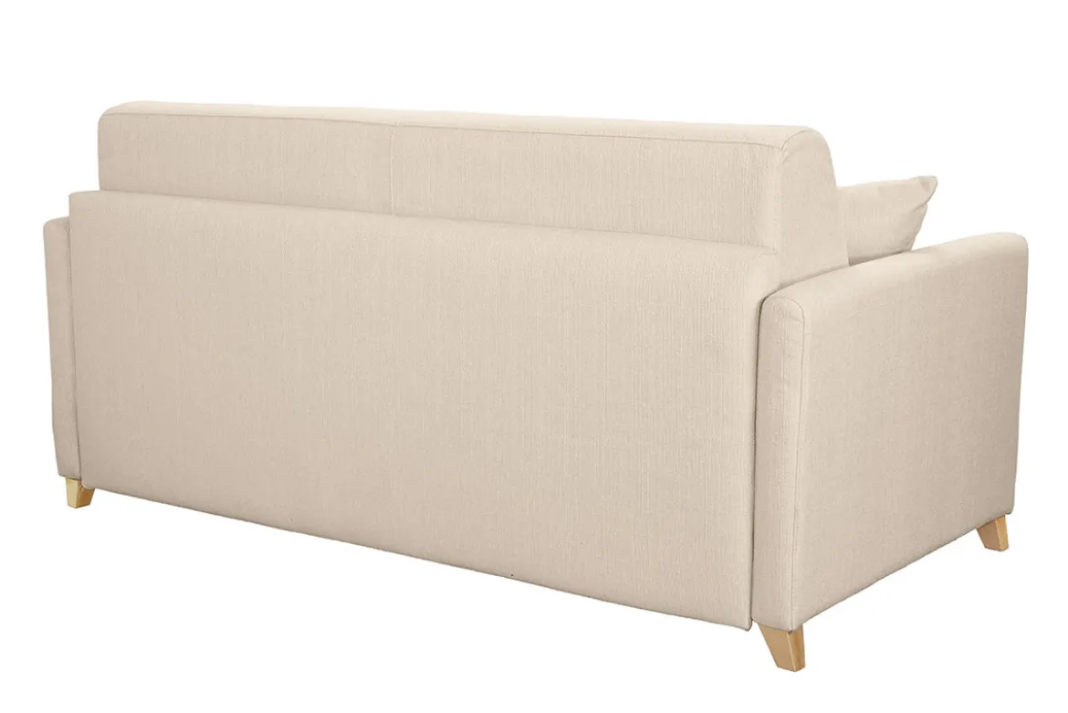 Canapé convertible 3 places en tissu beige et bois clair avec matelas 13 cm SKANDY