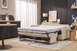 Canapé convertible 3 places en tissu beige et bois clair avec matelas 13 cm SKANDY