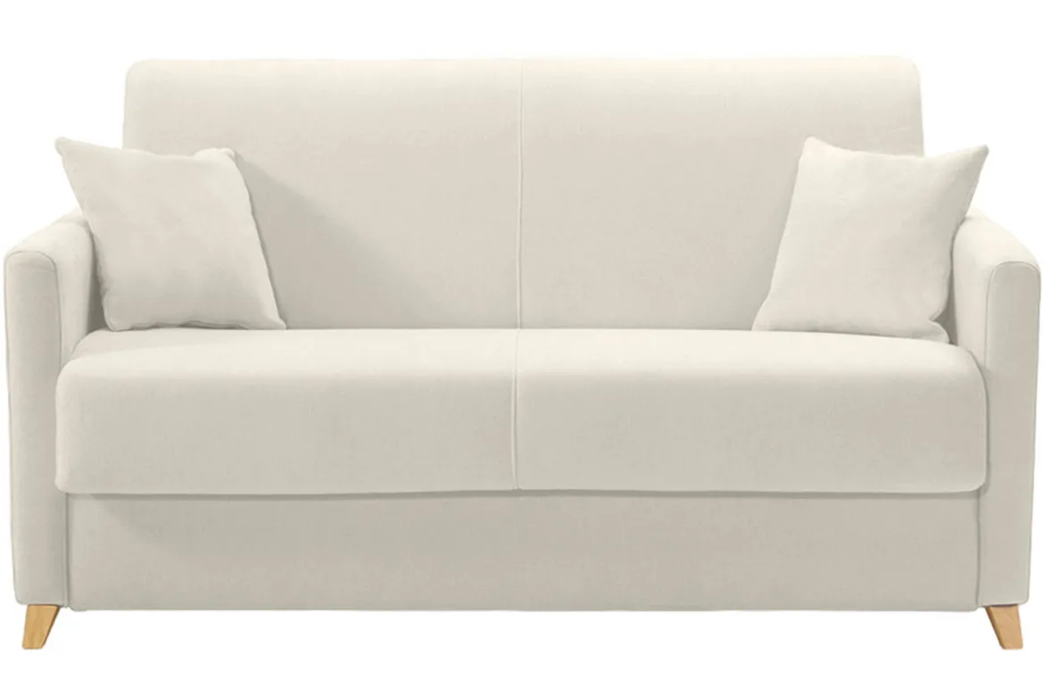 Canapé convertible 2-3 places en tissu beige et bois clair avec matelas 13 cm SKANDY