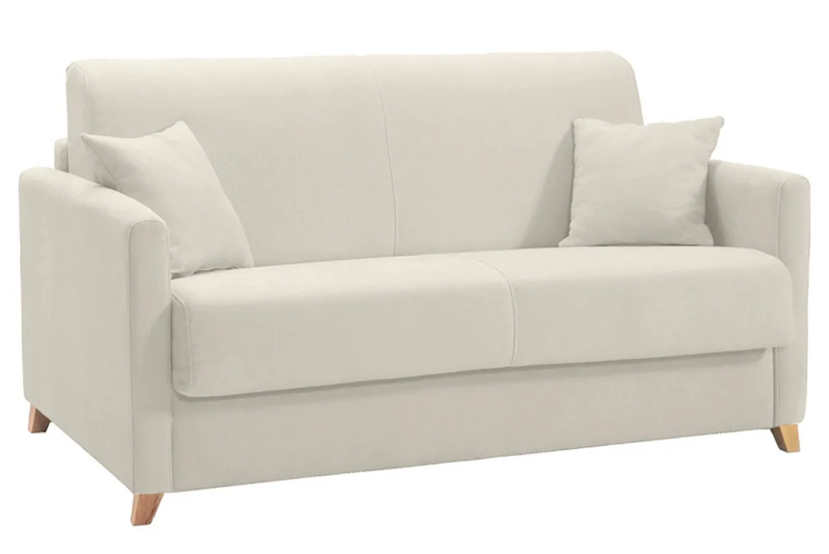 Canapé convertible 2-3 places en tissu beige et bois clair avec matelas 13 cm SKANDY