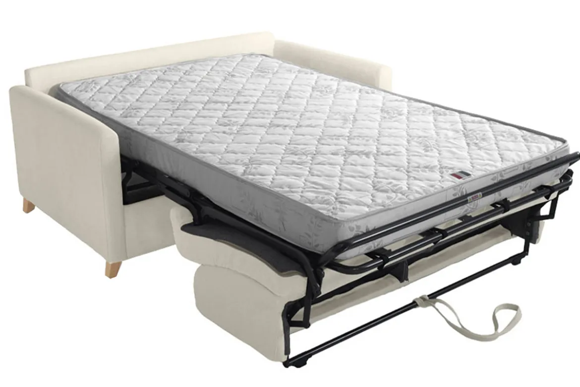 Canapé convertible 2-3 places en tissu beige et bois clair avec matelas 13 cm SKANDY