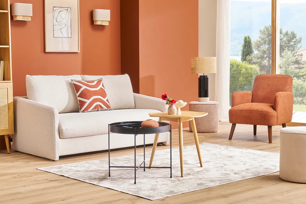 Canapé convertible 2 places en tissu beige crème PAULIN