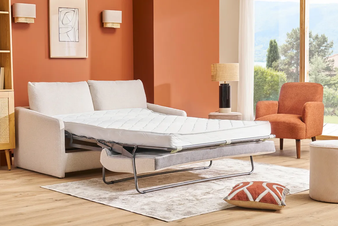 Canapé convertible 2 places en tissu beige crème PAULIN