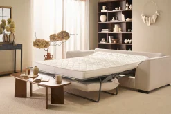 Canapé convertible 3 places en tissu effet velours beige avec matelas 12 cm ARMAND