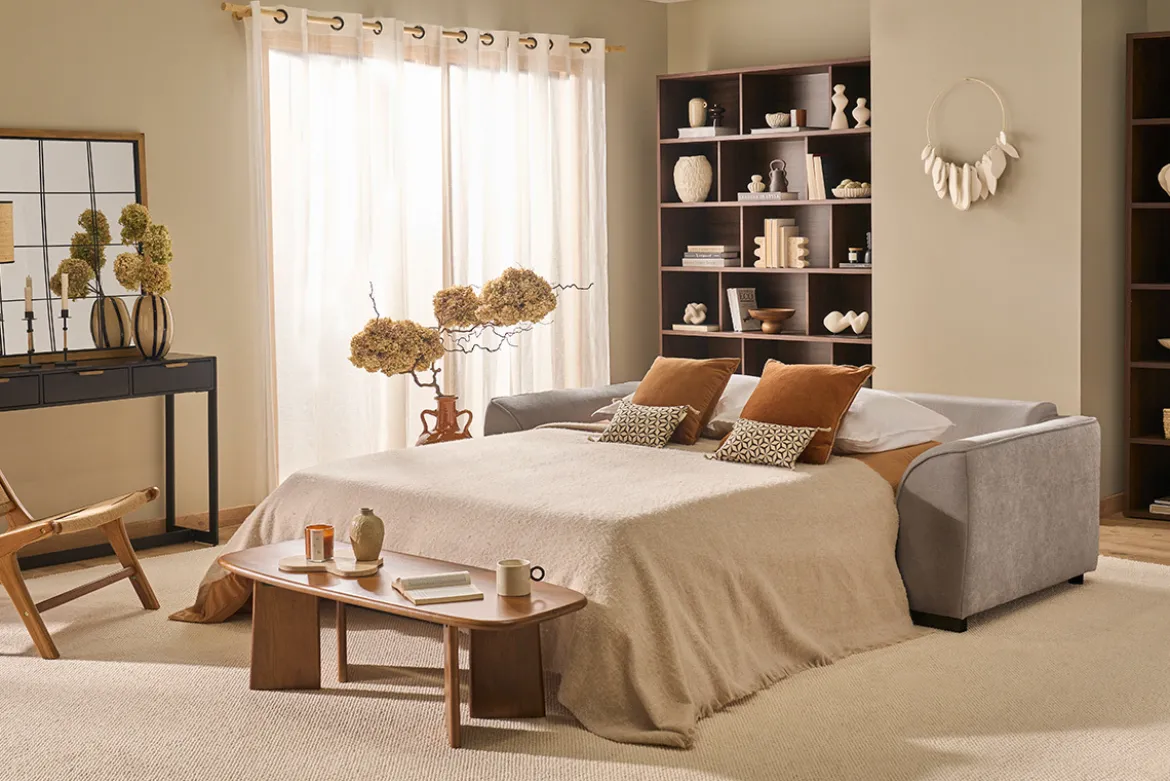 Canapé convertible 3 places en tissu effet velours taupe avec matelas 12 cm ARMAND