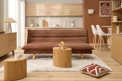 Canapé convertible 3 places en tissu chenille terre brûlée et bois clair BINGO