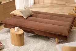 Canapé convertible 3 places en tissu chenille terre brûlée et bois clair BINGO