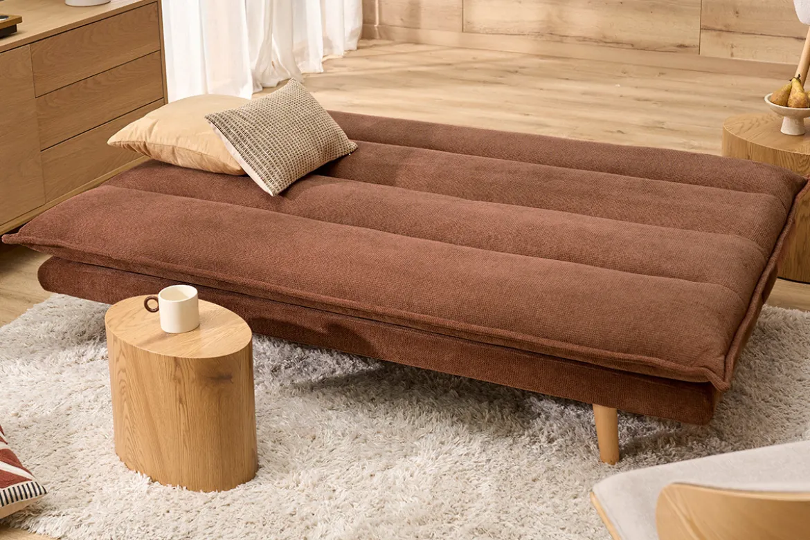 Canapé convertible 3 places en tissu chenille terre brûlée et bois clair BINGO