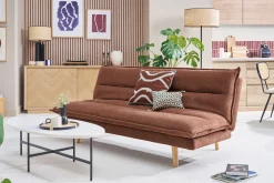 Canapé convertible 3 places en tissu chenille terre brûlée et bois clair BINGO