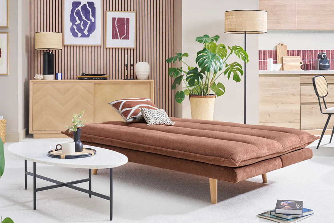 Canapé convertible 3 places en tissu chenille terre brûlée et bois clair BINGO