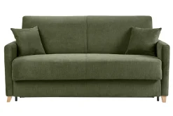 Canapé convertible 3 places en tissu chenille vert foncé et bois clair avec matelas 18 cm SKANDY