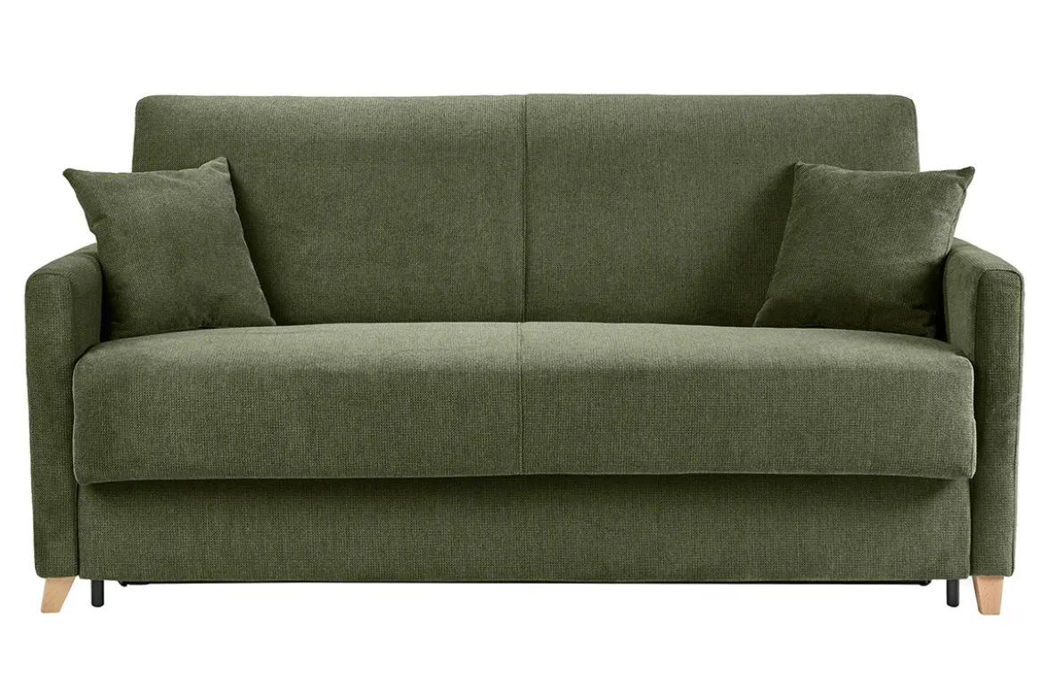 Canapé convertible 3 places en tissu chenille vert foncé et bois clair avec matelas 18 cm SKANDY
