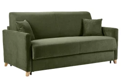 Canapé convertible 3 places en tissu chenille vert foncé et bois clair avec matelas 18 cm SKANDY