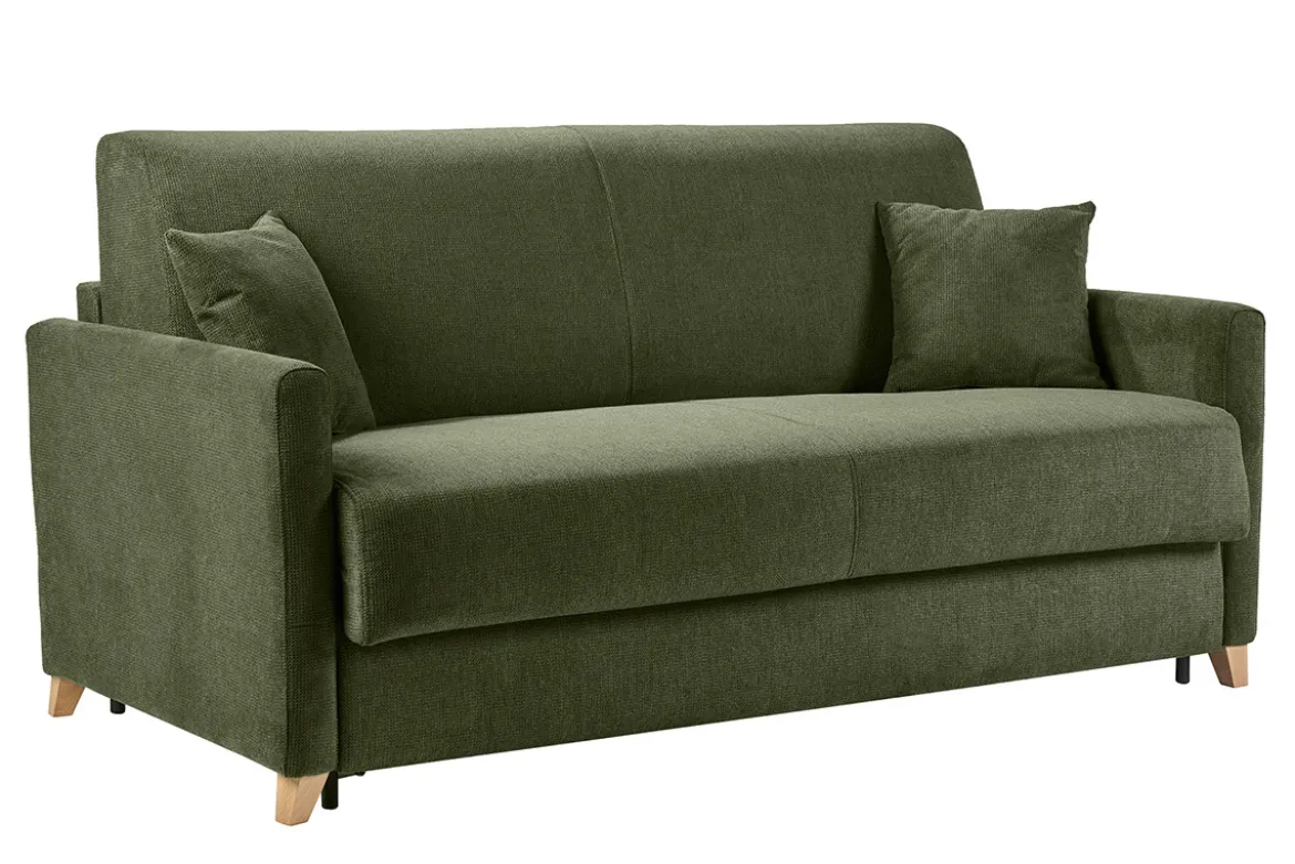 Canapé convertible 3 places en tissu chenille vert foncé et bois clair avec matelas 18 cm SKANDY