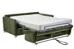 Canapé convertible 3 places en tissu chenille vert foncé et bois clair avec matelas 18 cm SKANDY