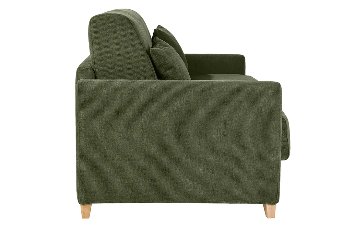 Canapé convertible 3 places en tissu chenille vert foncé et bois clair avec matelas 18 cm SKANDY
