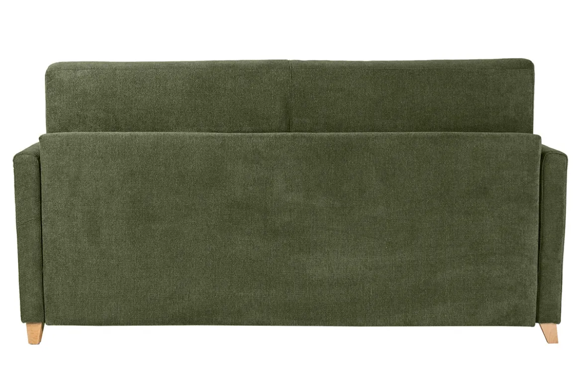 Canapé convertible 3 places en tissu chenille vert foncé et bois clair avec matelas 18 cm SKANDY