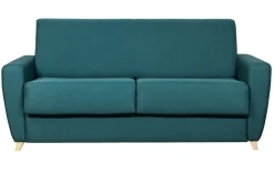Canapé convertible 3 places en tissu bleu canard et bois clair avec matelas 18 cm GRAHAM